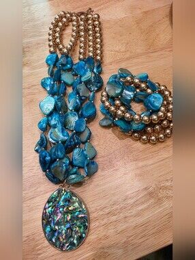 Gold & Blue Abalone Statement Necklace and Bracelet Set